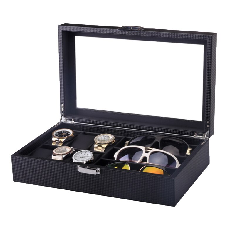 Watch Box Clock Box Watch Case Time Box Jewelry Box Jewellery organizer Jewellery holder for Glasses and Watch Holding: Carbon fiber Black