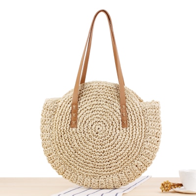 Casual Rattan Women Shoulder Bags Circle Straw Handbags Big Capacity Handmae Summer Tote Lady Round Bohemian Beach Treval Sac: beige