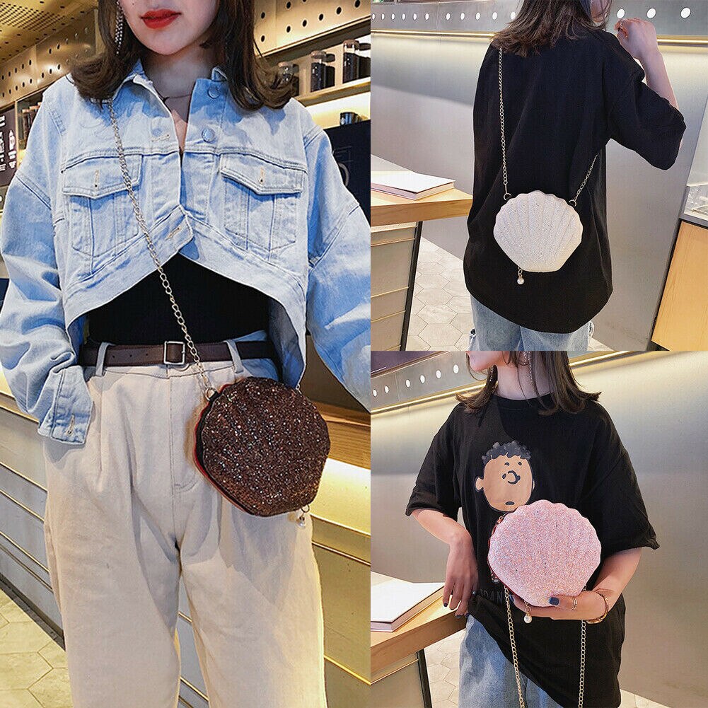 Vrouwen Meisje Glitter Sequine Shell Vorm Messenger Bags Dame Zomer Strand Pu Handtas Cross Body Schoudertas portemonnee