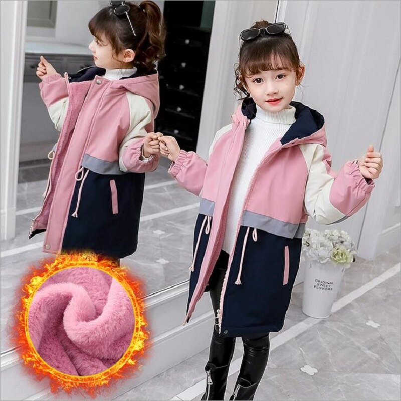 Winter Mädchen Mantel Plus Samt Verdicken Warme Windjacke Jacke Für freundlicher Outwear Lange Patchwork Farbe Jacke Für Mädchen 4-13Y