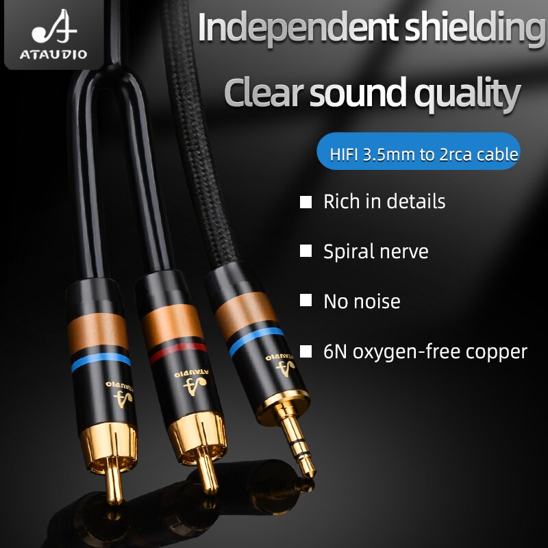 Hifi 6n ofc 3.5 mm to 2 rca lydkabel hifi telefon datamaskin til forsterker lydkabel 3.5 to dobbel rca kabel
