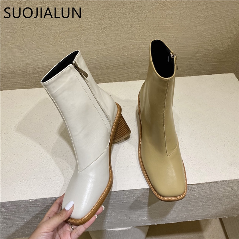 Suojialun dames enkellaarsjes met vierkante houten blokhak dames korte laarzen winter dames chelsea boots damesschoenen