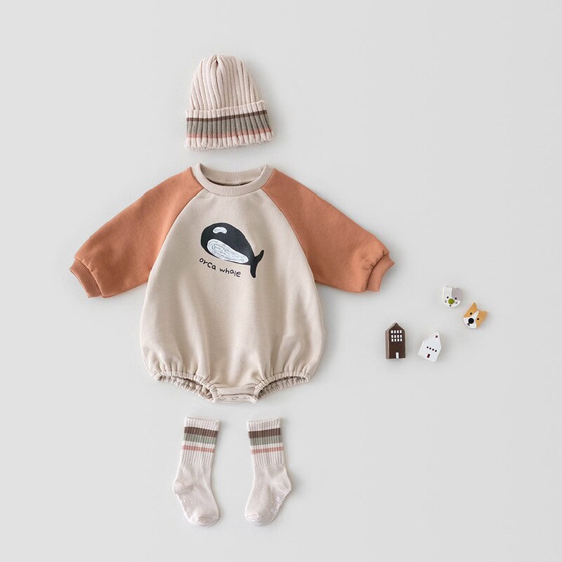 0-2y babybodys für mädchen, niedlicher Overall mit Karikatur-drucken, Patchwork-Entwurf, lange ärmel, kinderkleidung, jungenoutfits