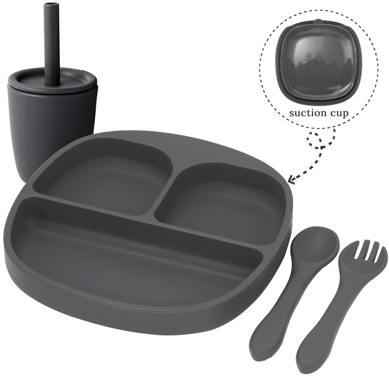 BPA Free Children's Tableware Baby Feeding Solid Food Dinner Set Plates Training Bowl Feeding Dishes Spoon Fork Straw Cup: 03-dark grey
