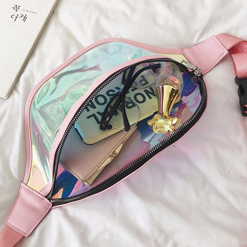 Holographique Fanny Pack Laser taille Pack pour les femmes ceinture Bum sac étanche Transparent clair Punk
