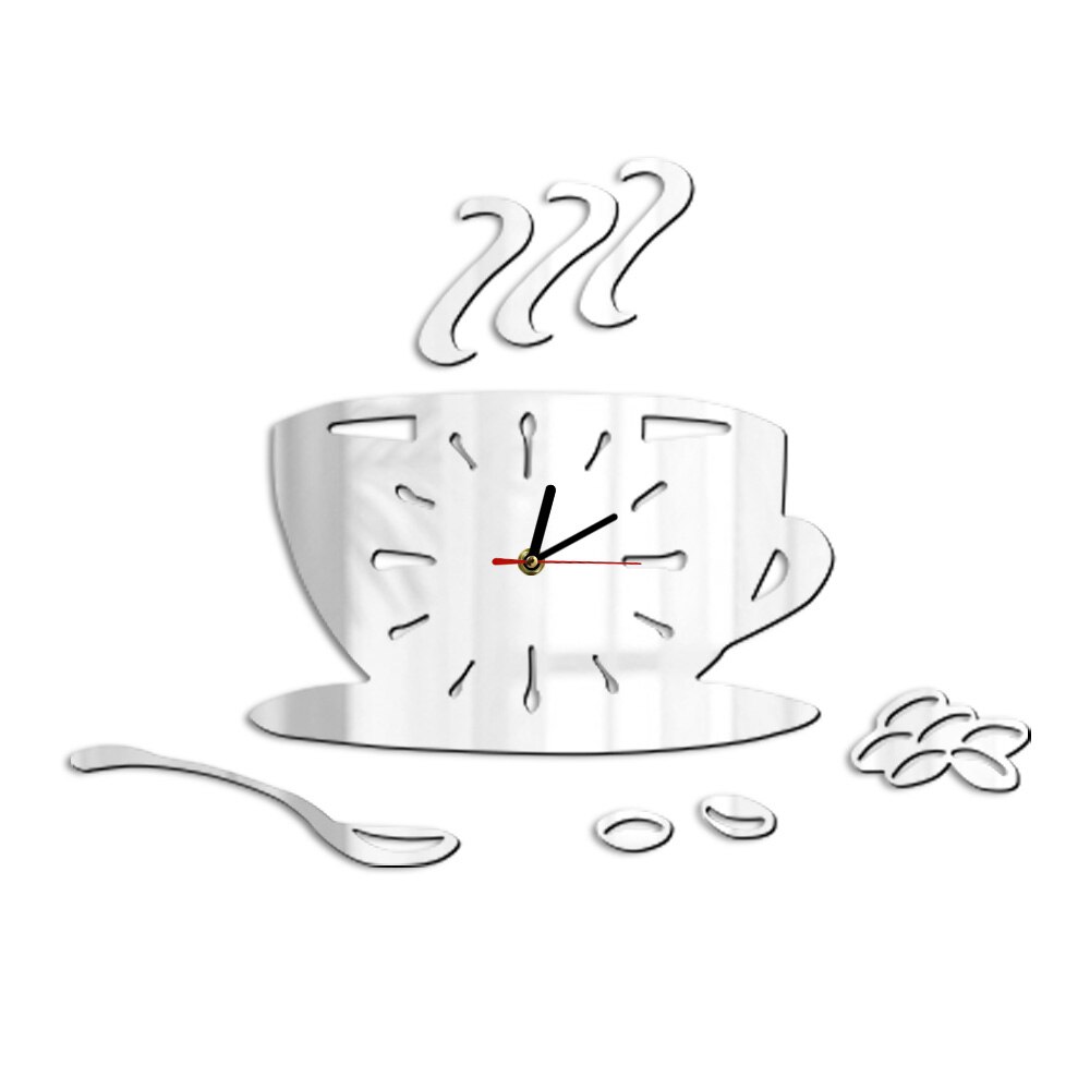 Tazza di caffè bar Negozio Moderna di Arte Della Parete FAI DA TE Orologio Da Parete Chicchi di Caffè Acrilico Effetto Specchio Orologio Appeso Orologio Casa di Caffè arredamento: argento