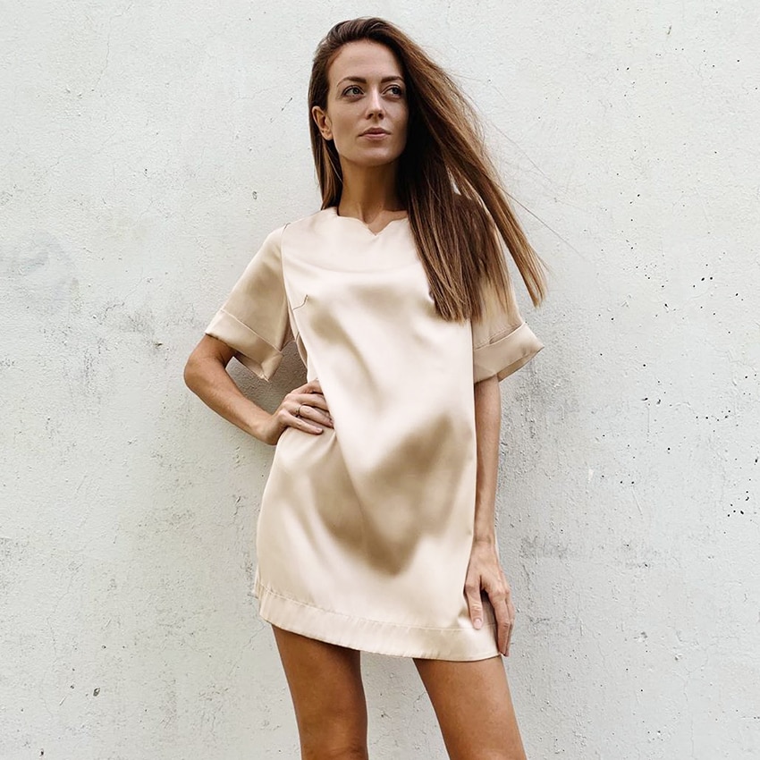 Hiloc pure kleur kaki nachthemd dames sexy nachthemd korte mouwen huisjurk mini losse nachtkleding satijnen nachtkleding herfst