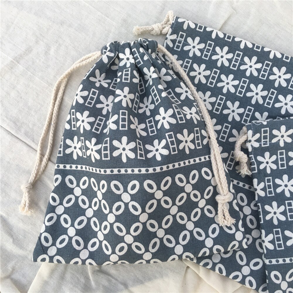 YILE Cotton Linen Drawstring Sorted Pouch Party Bag Grey Geometry Flower 8914e