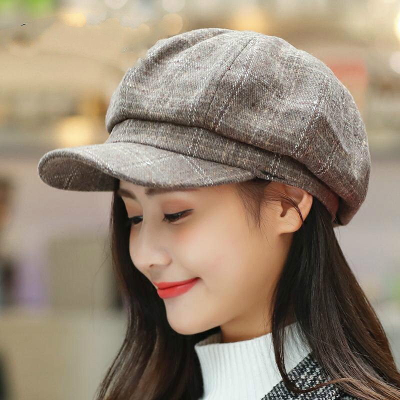 Newsboy Cap Women Autumn Winter Octagonal Caps Artist Painter Hats For Women Men Beret Peaked Cap Female Male Vintage PLaid