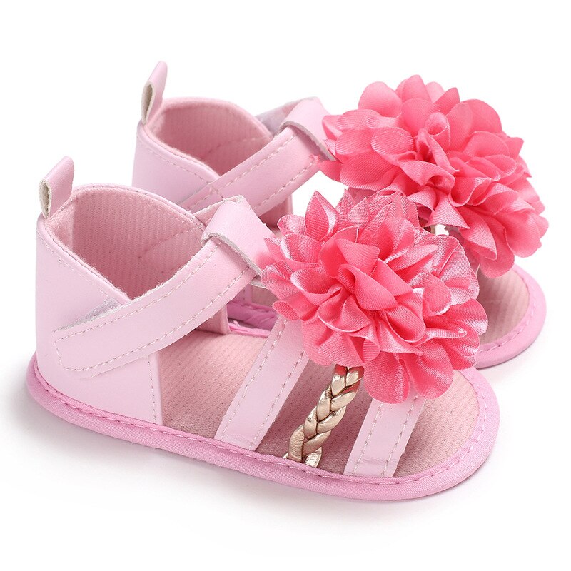 Sandalias de bebé de verano, sandalias de punto con flores grandes para niñas, zapatos de cuna suaves, zapatos de playa a la para niños: Pink / 0-6 meses