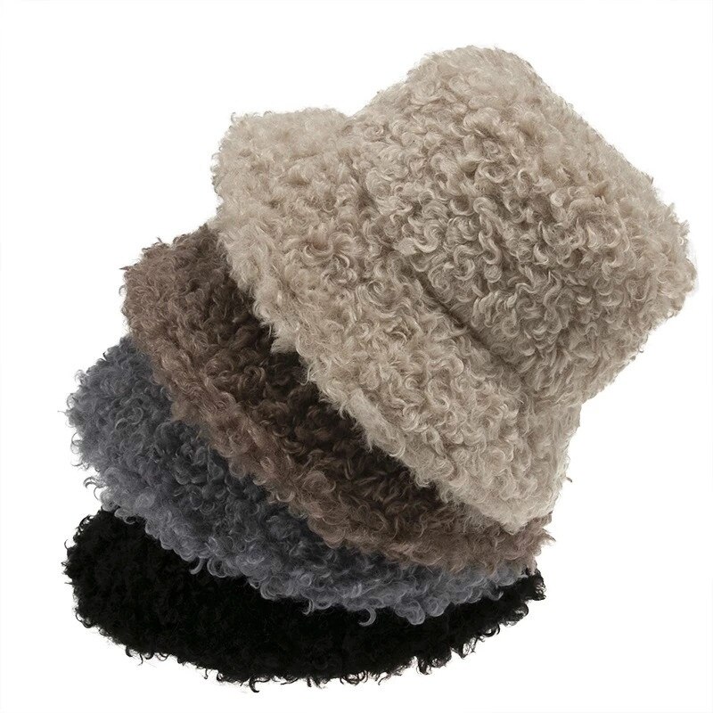 Udendørs varmt lam faux pels spand hat sort solid fluffy fiskeri cap fisker kvinder vinter