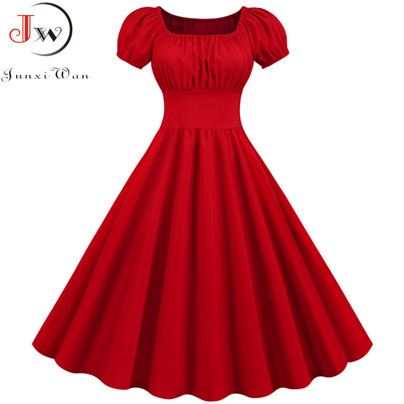 Women Vintage Dress Robe Party Casual Office Midi Dress Femme Summer Puff Sleeve Square Collar Solid Red: S / Red