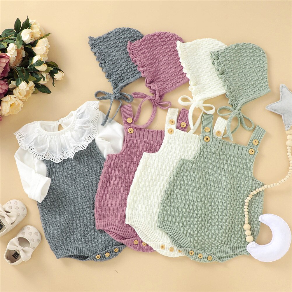 Focusnorm 4 Kleuren Baby Meisjes Jongens Gebreide Trui Rompertjes Hoeden 2 Stuks Solid Ruches Mouwloze Warm Jumpsuits