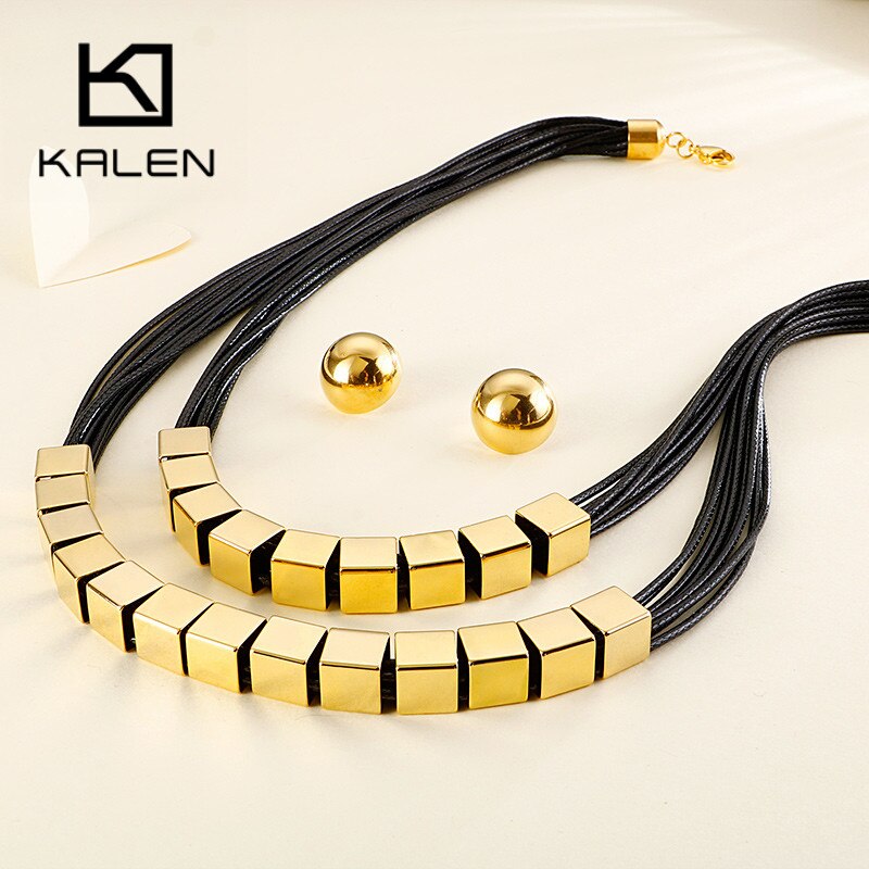 KALEN Leather Rope Choker Jewellery Multiple Color Stainless Steel Necklace Earrings Sets For Women Dubai Femme Jewelry Sets