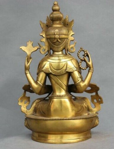 Old Rare Four-armed Avalokitesvara Tibet Bronze Kwan-yin Buddha lucky Statue