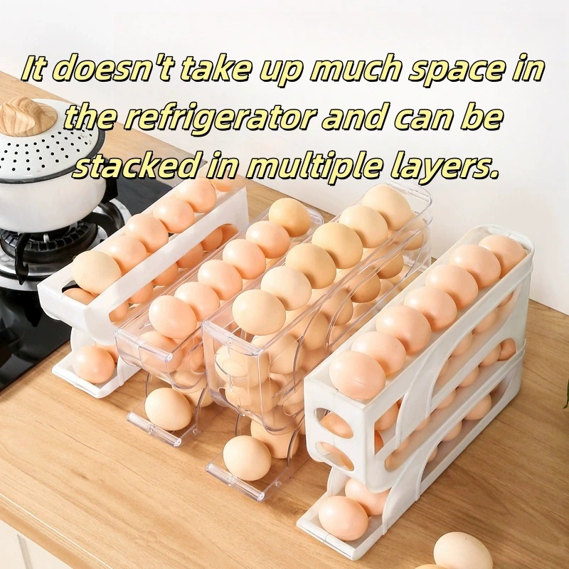 Rodillo automático para huevos de gran capacidad, refrigerador de cuatro niveles para el hogar, caja de almacenamiento de huevos, ahorro de espacio, cocina dedicada