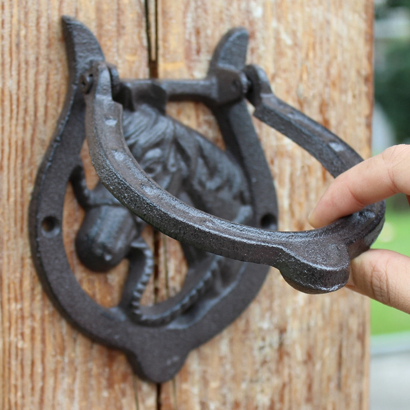 Puerta de Hierro Fundido aldaba cabeza de caballo con manija Western Cowboy herradura puerta pestillo Metal puerta de casa decoración Vintage artesanía