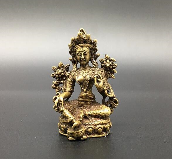Kinesisk ren messing grøn tara buddha lille statue