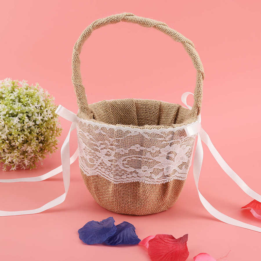 Boda Vintage cesta de lino de algodón y lino Material de encaje de canasta para flores boda, cesta de la muchacha de flor blanca cesta