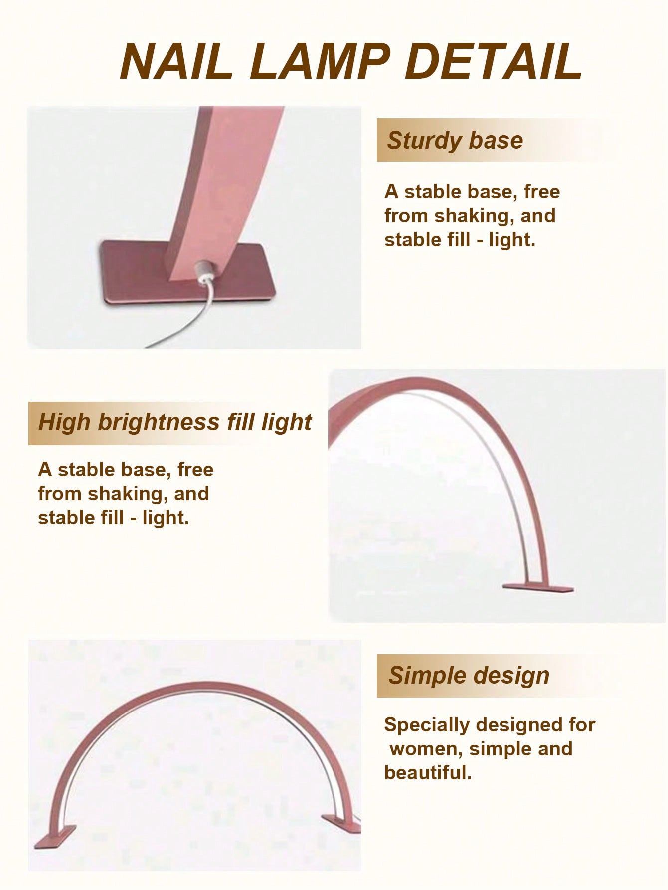 Lâmpada de unha meia-lua em forma de U, lâmpada de mesa com botão USB, para iluminação de unhas, cômoda, mesa de artesanato, iluminação de mesa de cabeceira