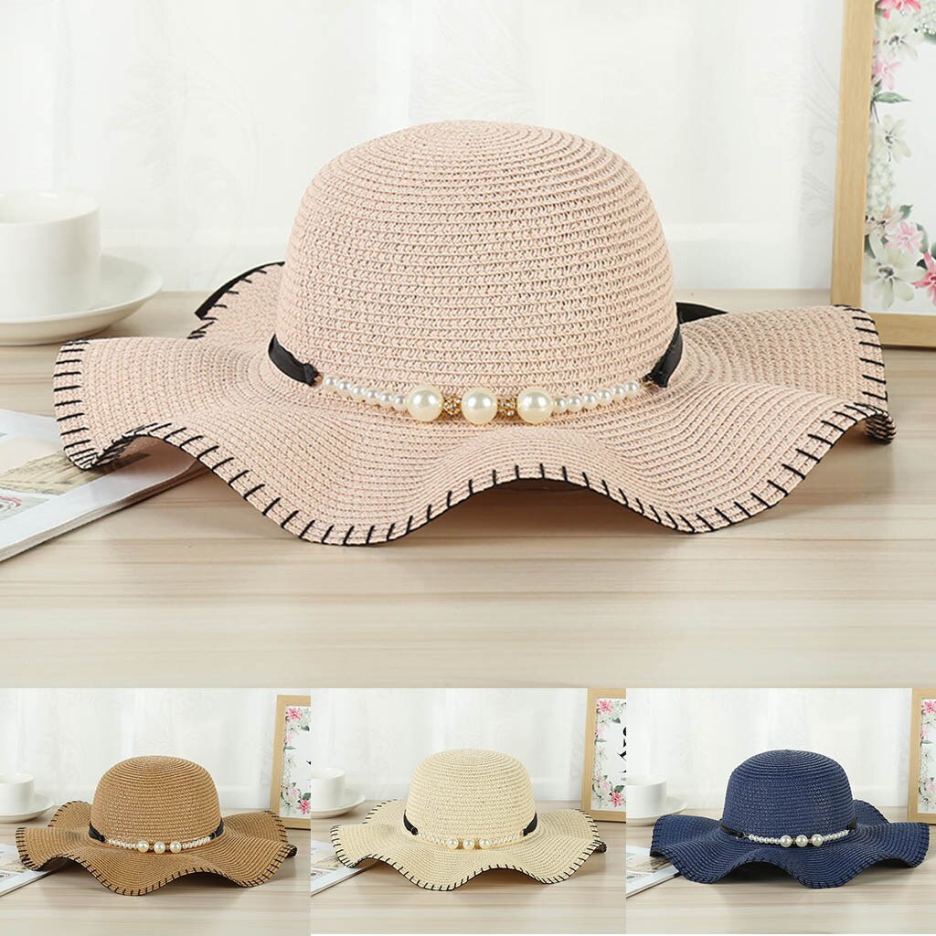 Mode Zomer Cap Voor Vrouwen Grote Brede Rand Strooien Hoed Parel Decoratie Strand Zon Opvouwbare Cap