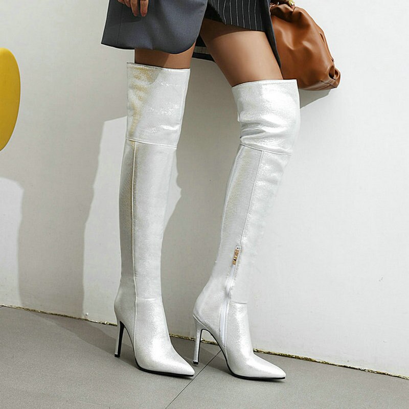 Dames overknee laarzen puntige neus dunne hoge hak dames lange laarzen rits dames winterschoenen goud zilver: Zilver / 9