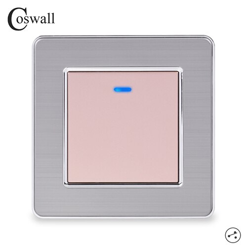 Coswall 1 Gang 2 Way Light Switch On / Off Wall Switch With LED Indicator Pass Through Switch Switched Stainless Steel Panel: Gold
