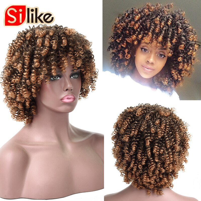 Silike Korte Bouncy Krul Pruik Afro Kinky Krullende Pruik Synthetische Korte Pruik Met Pony Gemengde Bruin Blonde Pruik Voor Zwarte vrouwen: T1B/30