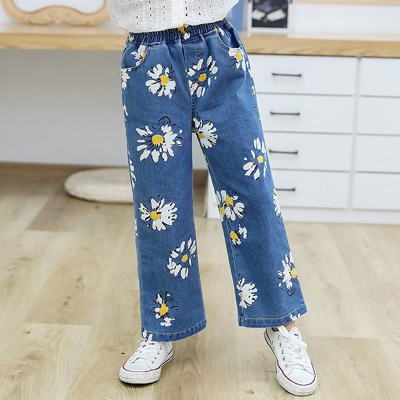 2021 primavera autunno bambini ragazze Jeans stampa floreale Jeans pantaloni gamba larga ragazze moda ragazze pantaloni bambini vestiti Casual per ragazze