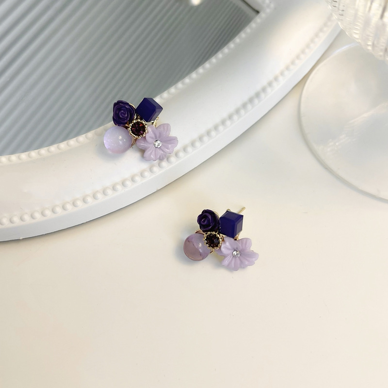 Taro-Boucles d'oreilles à tige fleur violette pour femmes, boule ronde en cristal, mini boucles d'oreilles mignonnes pour filles, bijoux d'oreille à la