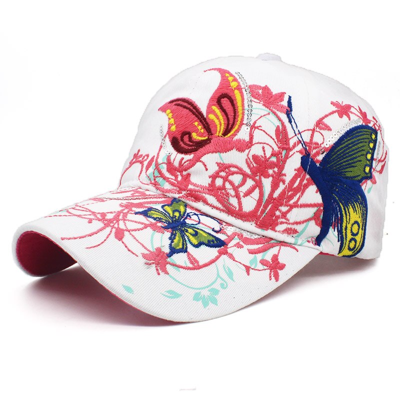Lovingsha forår og sommer sommerfuglbroderi farverig blomst kvinders solskærmende baseball cap kvinder hip hop hat  b308: Hvid