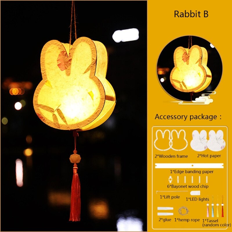 Mid-Autumn Festival DIY Handmade Wooden Lantern Material Package with LED Light Cute Rabbit Shape Hanging Lamp Decor Lantern: 2