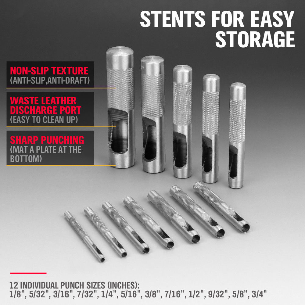 SEDY 12Pcs Leather Tools Hollow Metal Leather Hole Punch Set Leathercraft Hole Craft Set Hollow Puncher Belt Punch Hole Tool Set