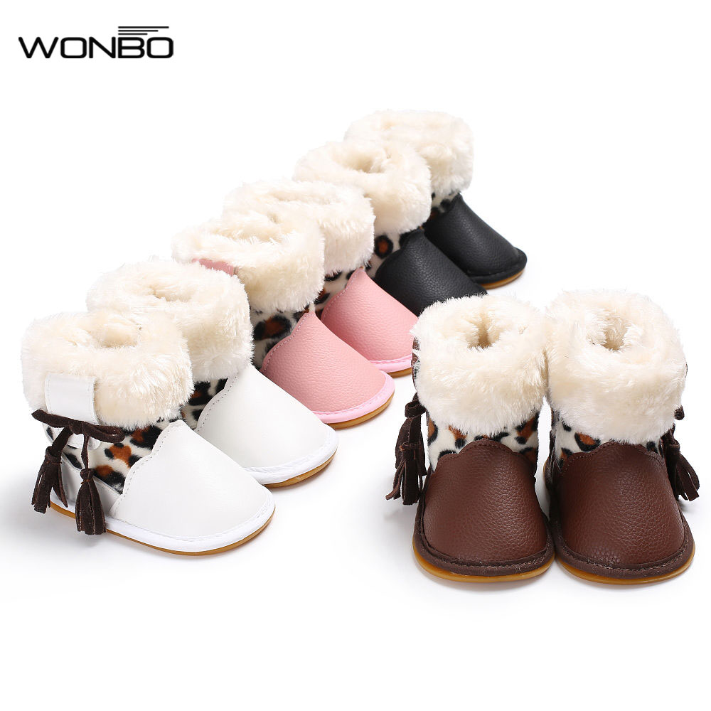 Newborn Moccasins Infant Toddler Baby Girls Snow Boots Winter Rubber Thick Snow Plush Boots Leopard Print Keep Warm Shoes 0-18M