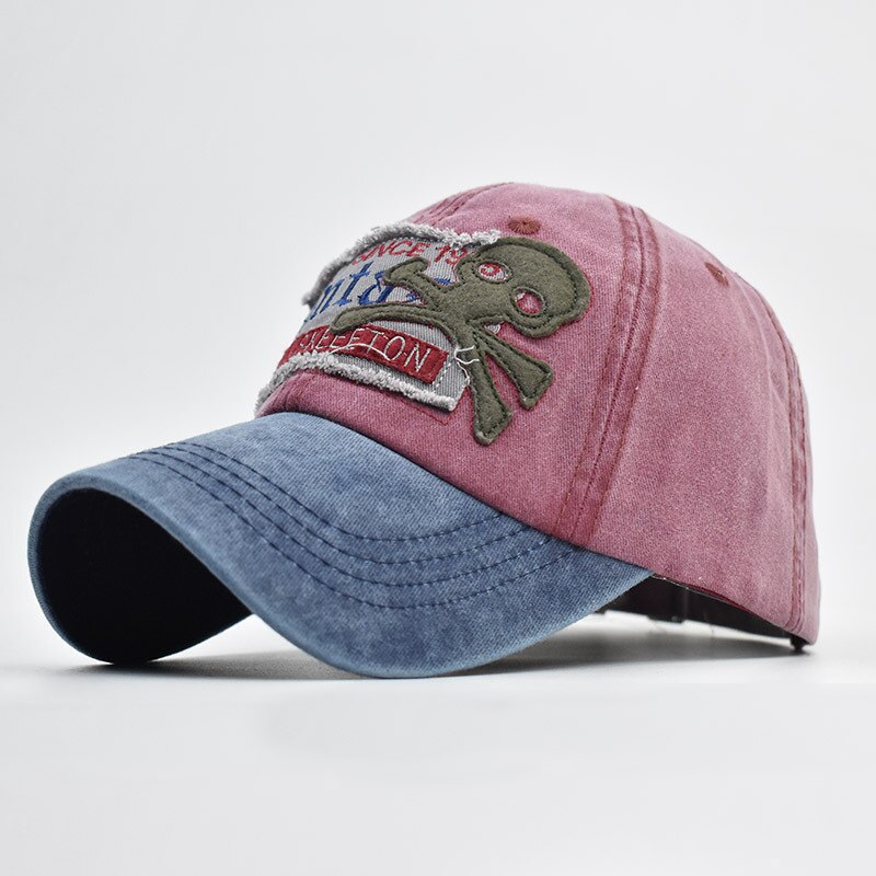 Style Skeleton Skull Head Hat Antique Finish Via Rinsing Lettered Baseball Cap All-match Stylish Guy's Pure Cotton Hat: claret