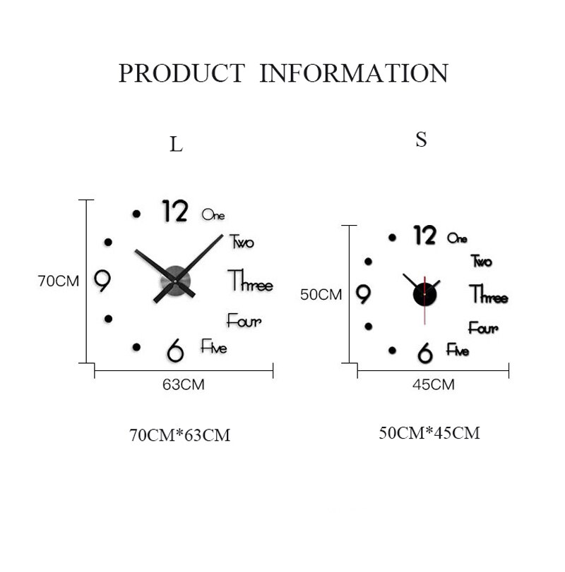 Large Wall Clock 3D DIY Stickers Modern Acrylic Mirror Quartz Needle Home Kitchen Living Room Decoration Mechanism
