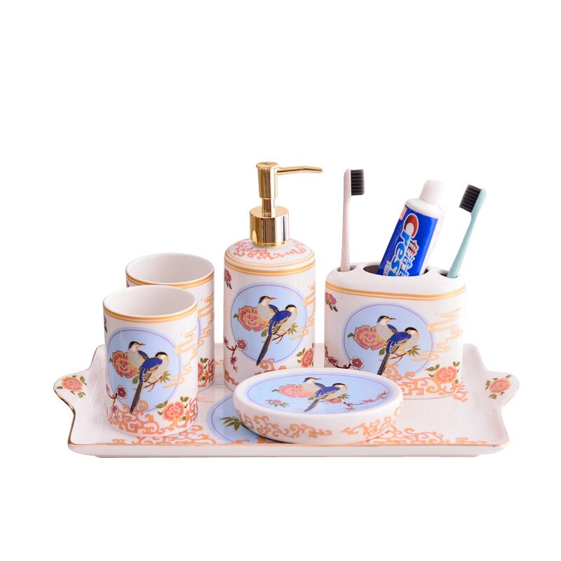 Set de accesorios de baño, dispensador de jabón de cerámica, soporte para cepillo de dientes y taza de gárgaras, platos de jabón, Lavatorio de flores y pájaros, juego de 5/6 piezas
