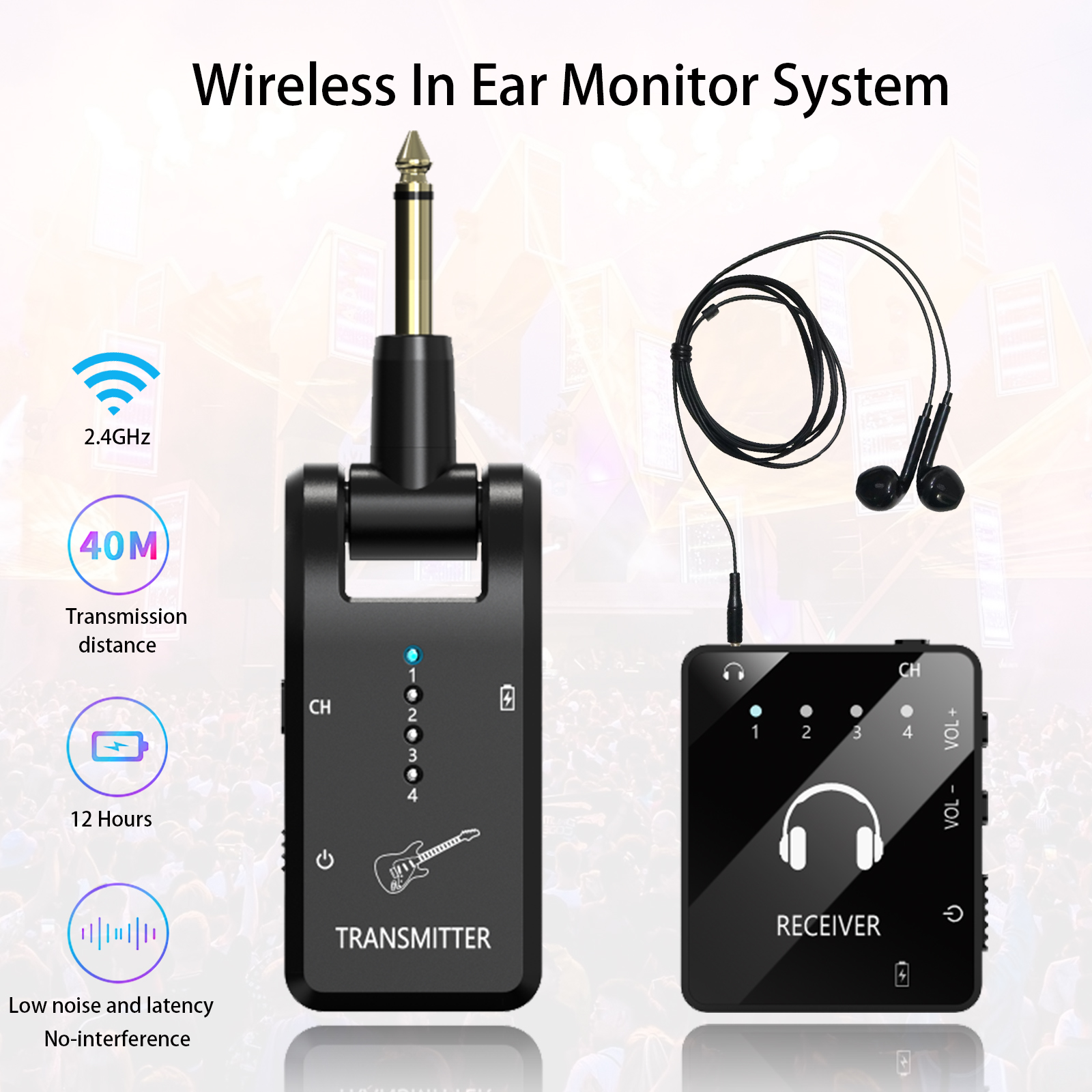 Draadloos in-ear monitoringsysteem, 2,4 GHz draadloos IEM-systeem met zender en lavalierontvanger, voor bandrepetitie