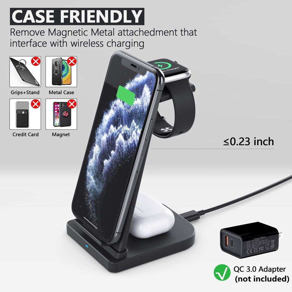 15W Qi Wireless Charger Stand 3 in 1 Fast Charging Station For iPhone 12 11 Apple Watch AirPods Pro Samsung S21 S20 Xiaomi Mi 11