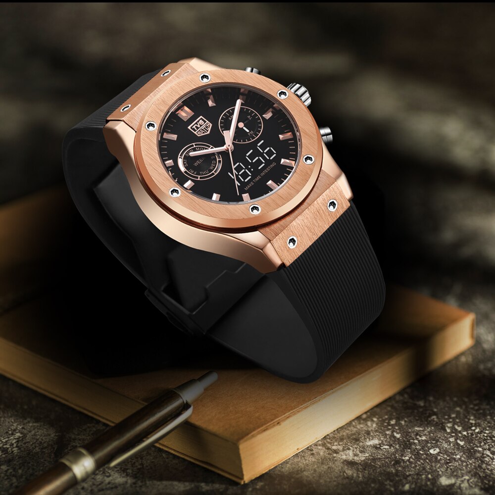 Man Horloge Tvg Topmerk Luxe Mannen Horloges Waterdicht Dual Time Analoge Digitale Quartz Horloge Rose Goud Mannen horloge Siliconen