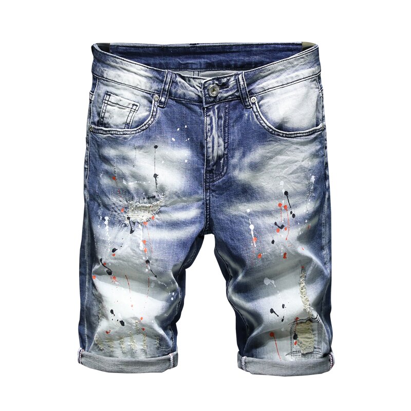 Calções de brim de hip hop para homens rasgado estiramento fino ajuste shorts 2022 verão nova pintura retalhos afligido calças corpado: 40