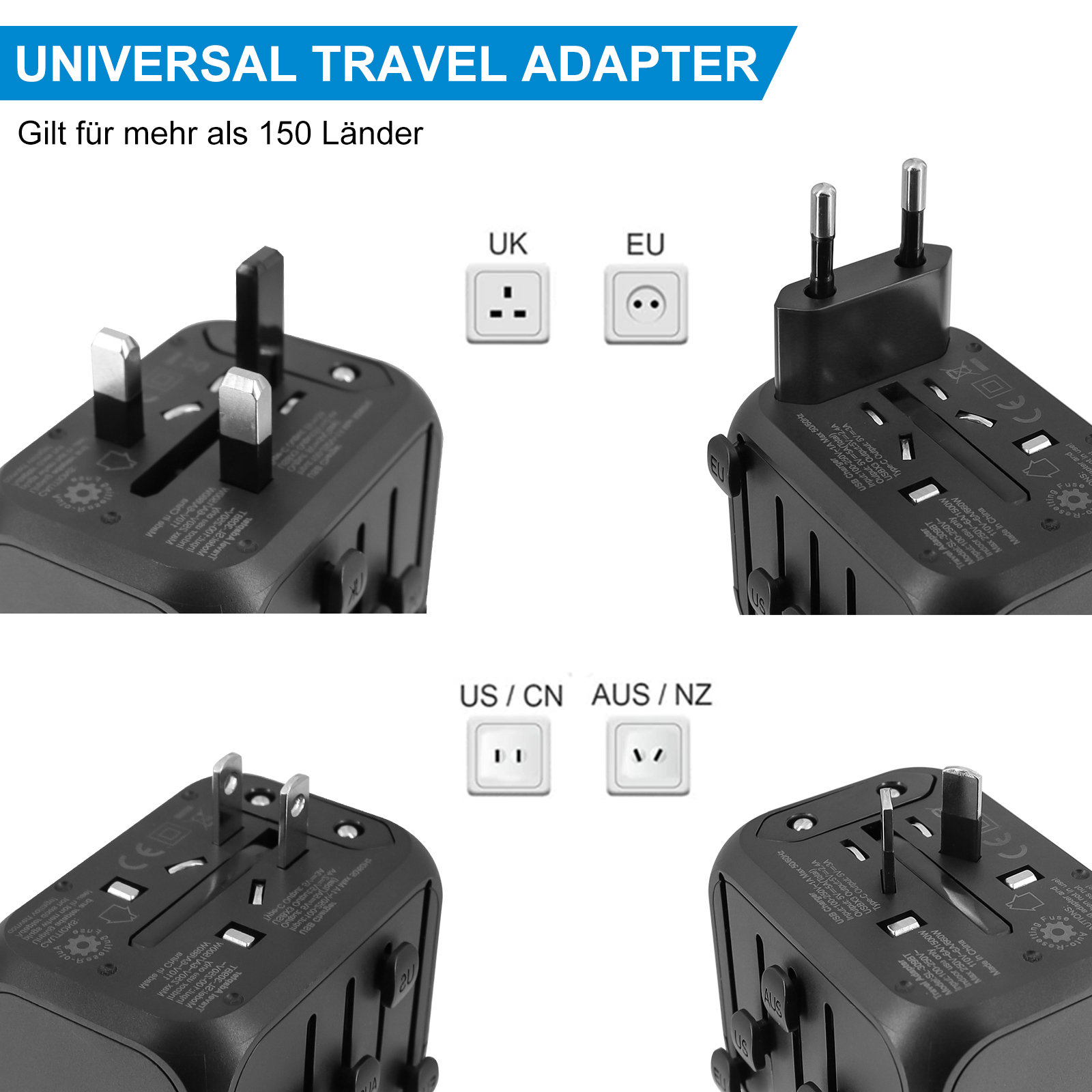 Internationale reisadapter USB-oplader met 3 USB en Type C, alles-in-één wandoplader voor US EU UK AUS reisstekker wereldwijd