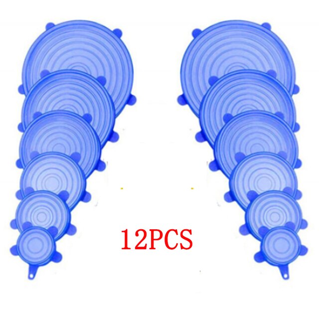 6/12Pcs Adaptable Silicone Lids Reusable Universal Food lids Cover Stretchable Washable Silicone Food Wrap Lid Kitchen Accessor: 12pcs Blue