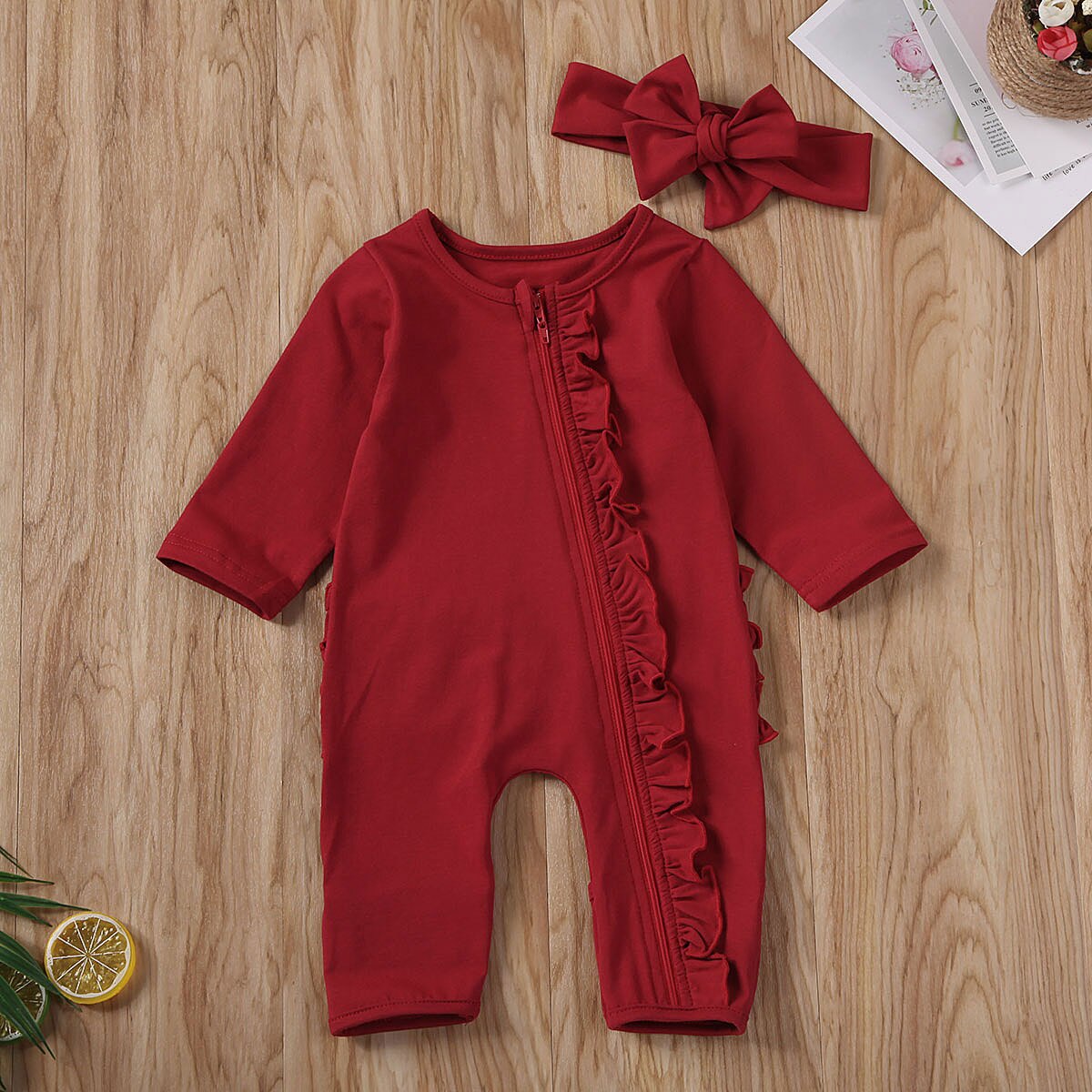 Christmas Newborn Toddler Baby Girl Clothes Red Long Sleeve O-Neck zipper Romper Top T-shirt Ruffle Long Pants Headband Outfits