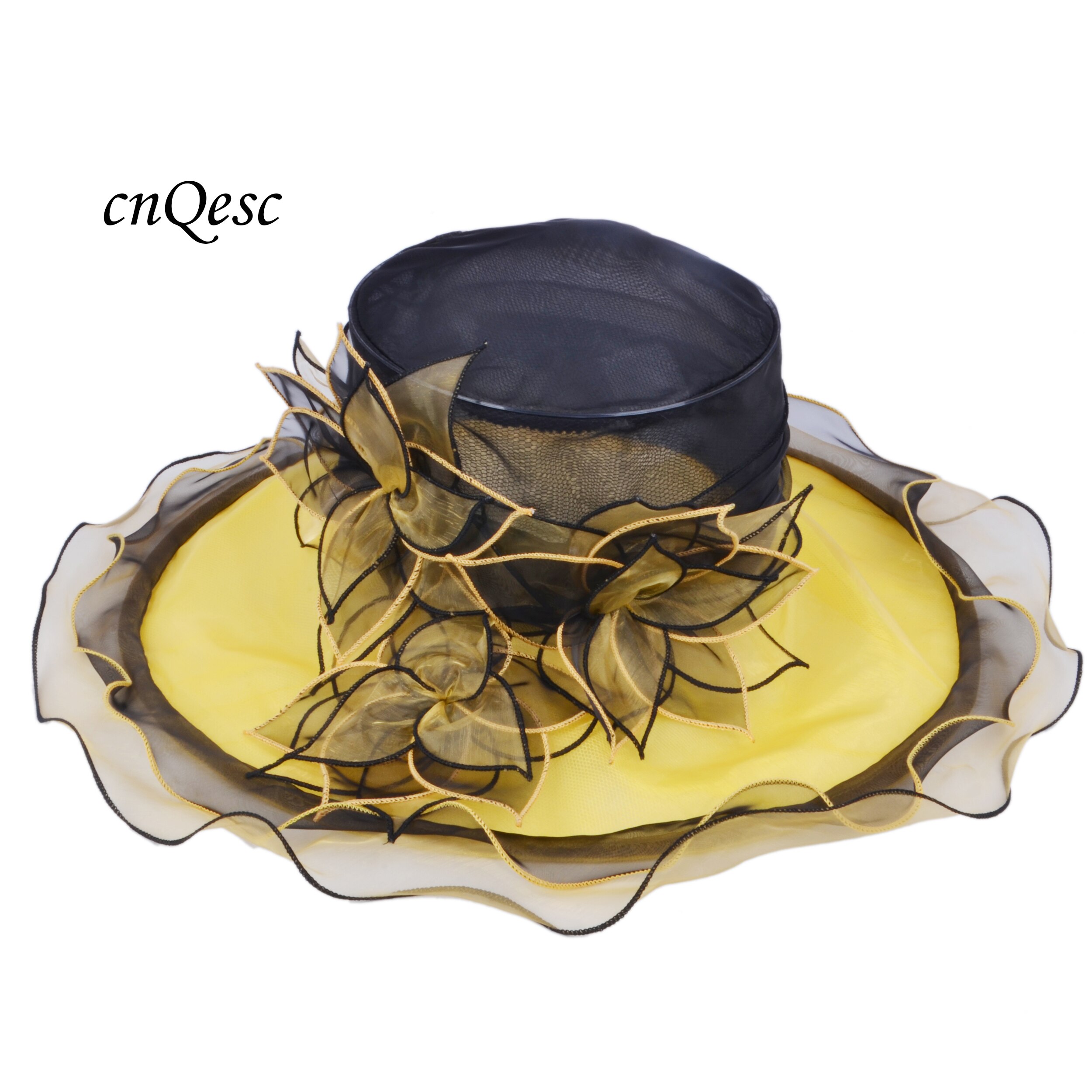 Yellow black big organza hat with leaves flowers for Church Kentucky derby.