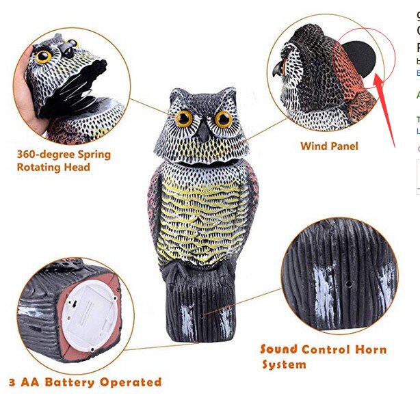 Realistic Bird Scarer Rotating Head Sound Owl Prowler Decoy Protection Repellent Pest Control Scarecrow Garden Yard