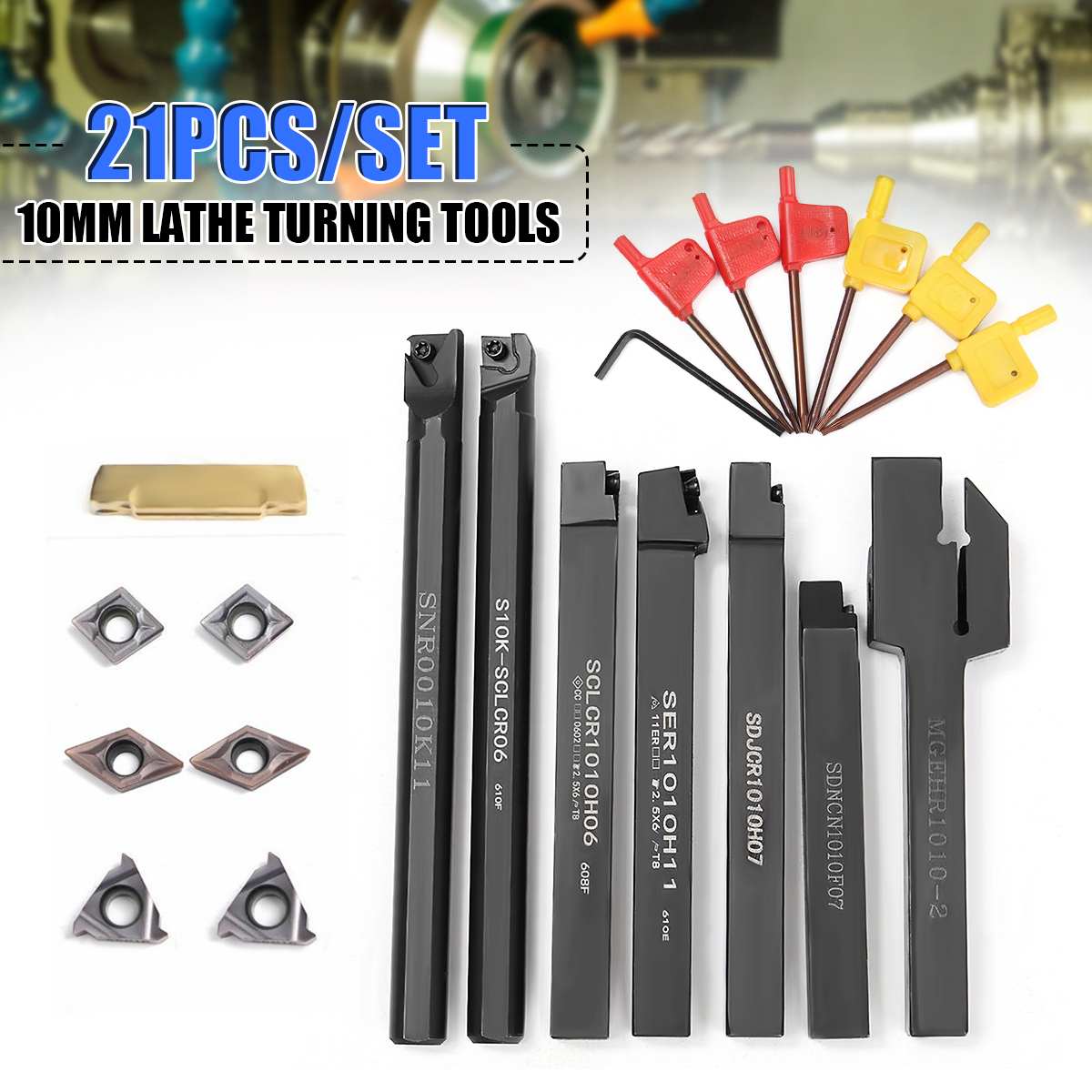 21 stks/set 10mm Gereedschaphouder Boring Bar + DCMT CCMT Carbide Insert met 7pcs Sleutels Voor Draaibank Draaien gereedschap