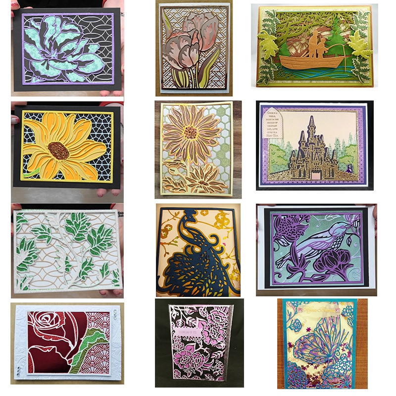 Flerlags bakgrunn skjæring dør blomster tulipan påfugl kirke fiske scener døcut for gjør-det-selv scrapbooking papirkort