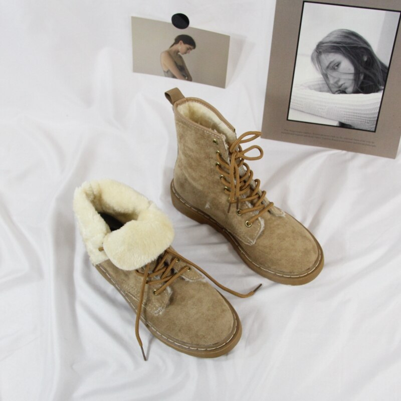 Bottes femmes troupeau cheville Martin botte Style britannique étudiant BF femme tout-match Vintage printemps plat à lacets femmes loisirs à la: khaki thicker / 5.5