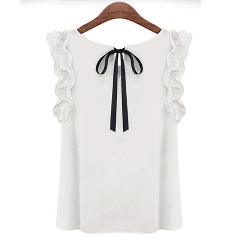 Zomer Sexy Chiffon Shirt Vrouwen Elegante Mode Strikje Blouse Casual O-hals Vlinder Mouwloze Witte Vrouwen Blouse